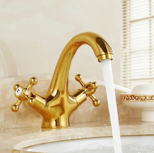 Robinet lavabo salle de bain rétro double poignées - Doré - Laiton