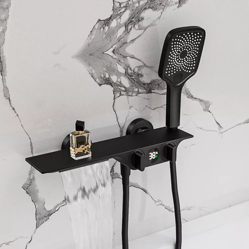 Robinet baignoire salle de bain cascade douchette affichage numérique - Noir - Laiton