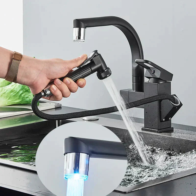 Robinet évier cuisine design mitigeur led flexible douchette pistolet - Noir - Laiton