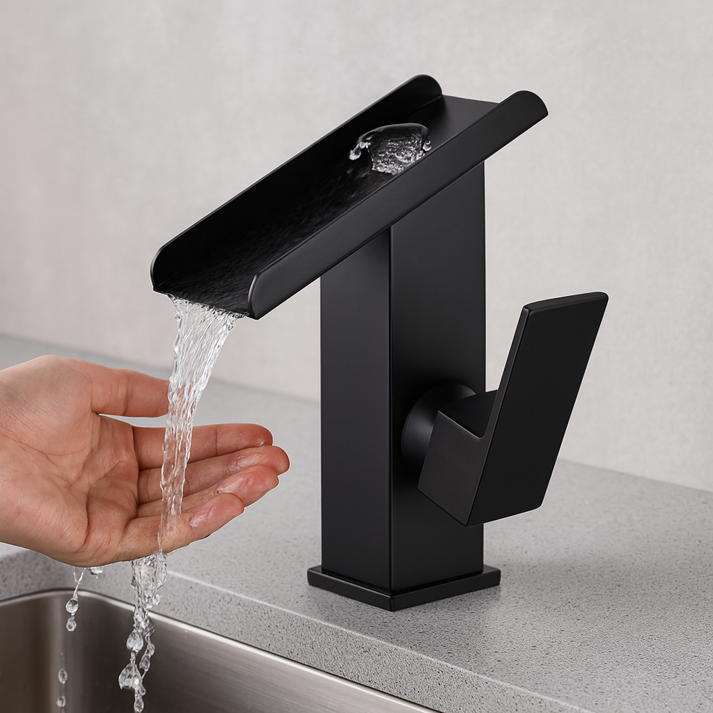Robinet lavabo salle de bain design rectangulaire cascade - Noir - Laiton