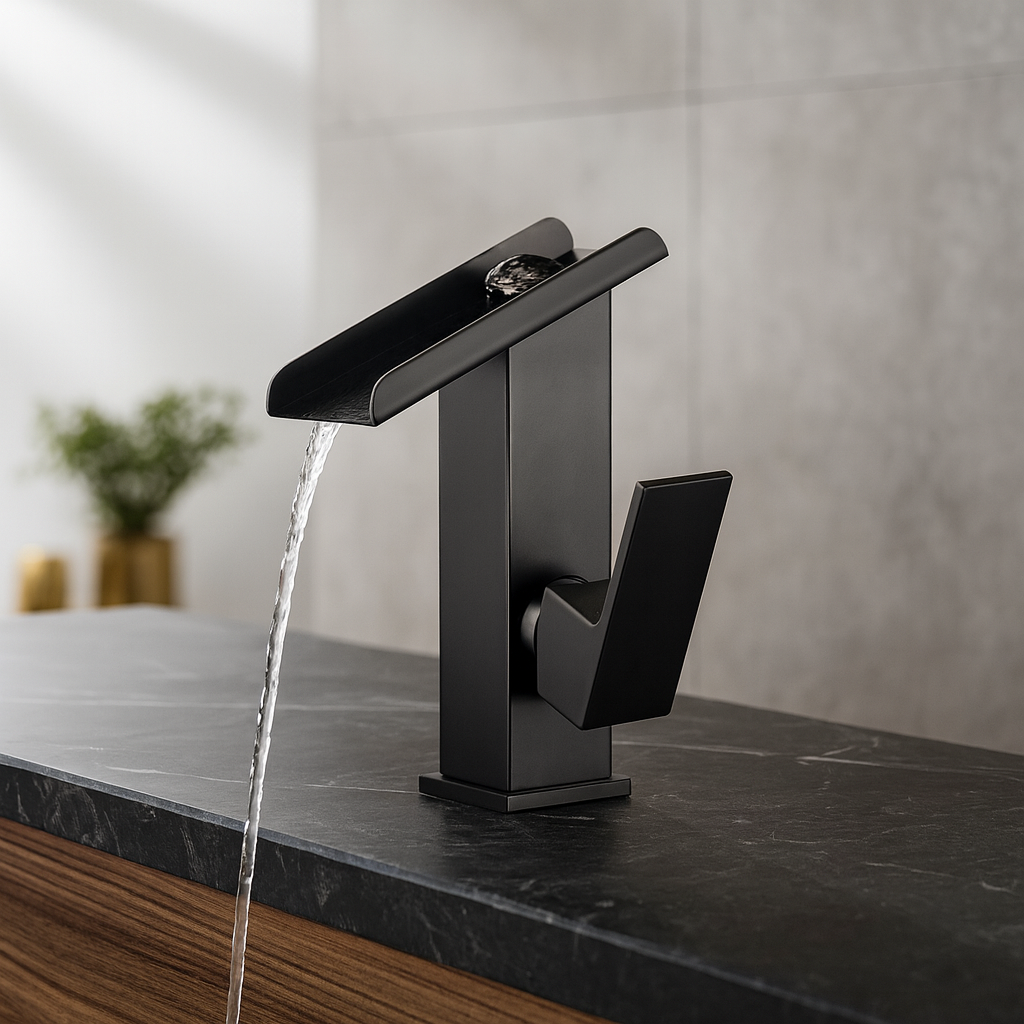 Robinet lavabo salle de bain design rectangulaire cascade - Noir - Laiton