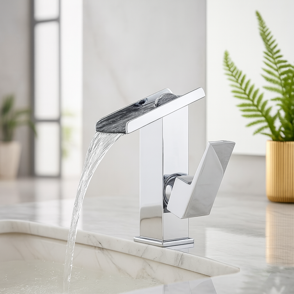 Robinet lavabo salle de bain design rectangulaire cascade - Argenté - Laiton
