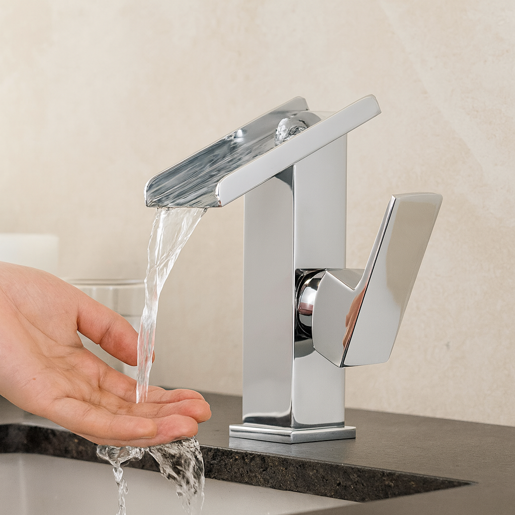 Robinet lavabo salle de bain design rectangulaire cascade - Argenté - Laiton