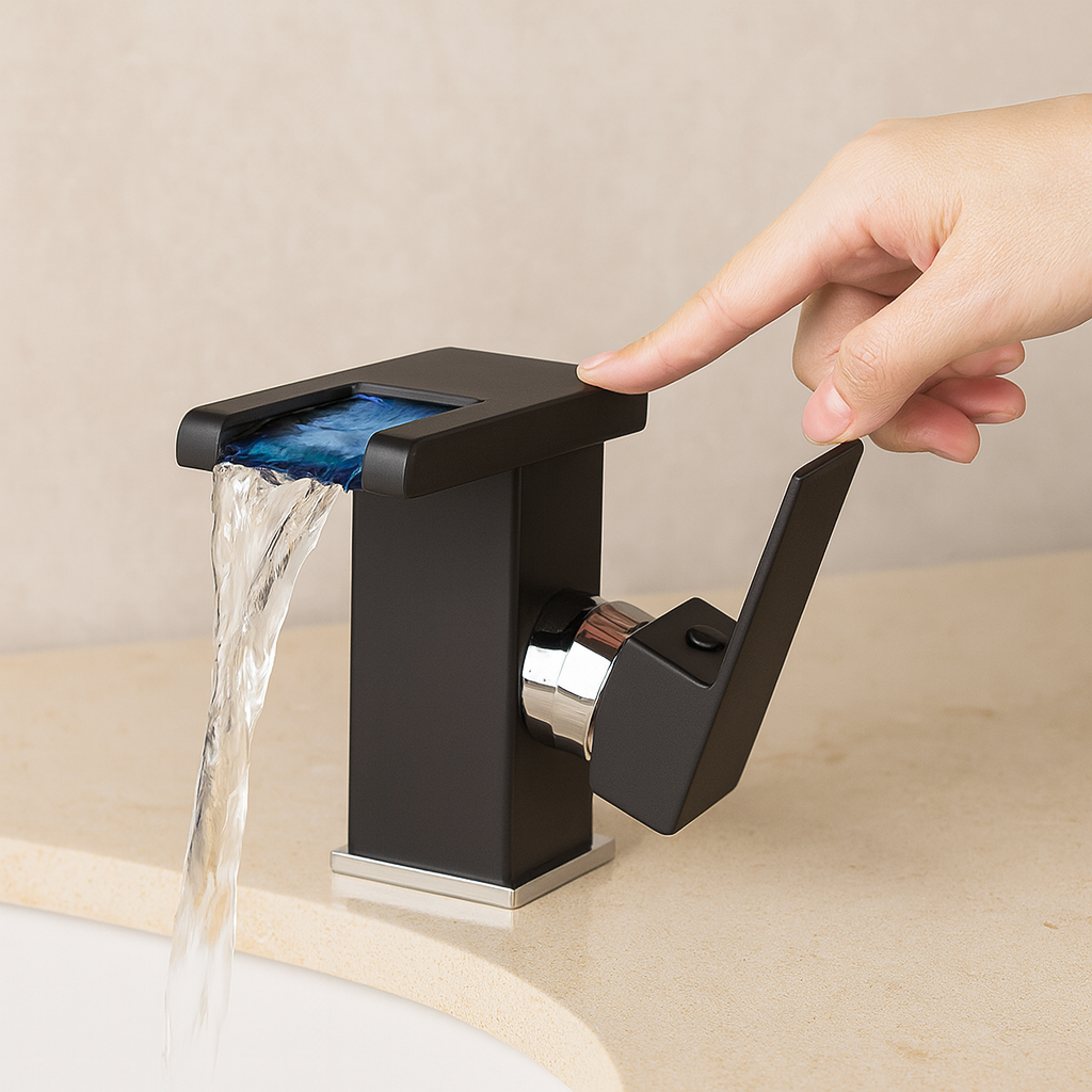 Robinet lavabo salle de bain design cascade led température - Noir