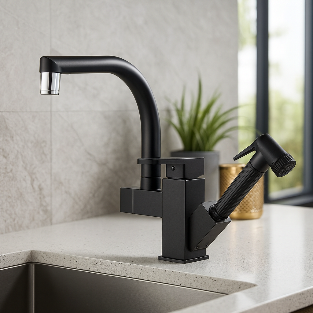 Robinet évier cuisine design mitigeur led flexible douchette pistolet - Noir - Laiton