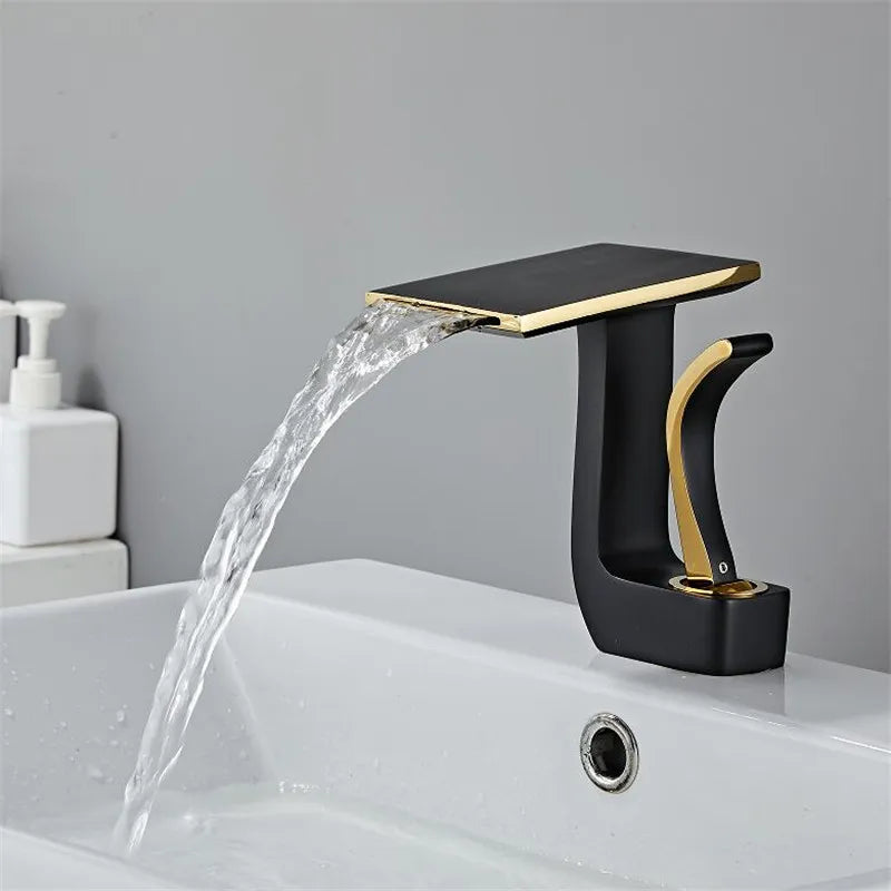Robinet lavabo salle de bain plat géométrique mitigeur design - Noir - Laiton