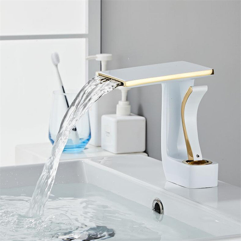 Robinet lavabo salle de bain plat géométrique mitigeur design - Blanc - Laiton