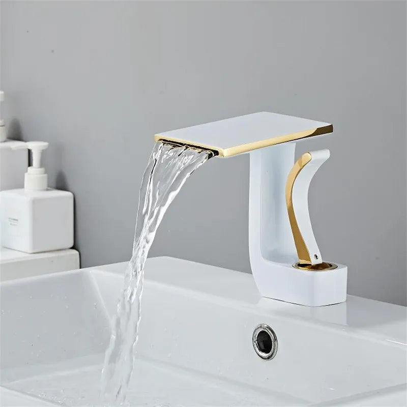 Robinet lavabo salle de bain plat géométrique mitigeur design - Blanc - Laiton