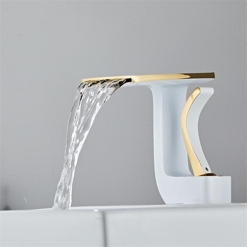 Robinet lavabo salle de bain plat géométrique mitigeur design - Blanc - Laiton