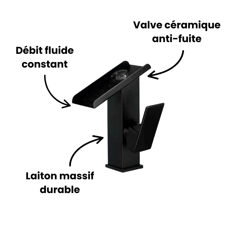 Robinet lavabo salle de bain design rectangulaire cascade - Noir - Laiton