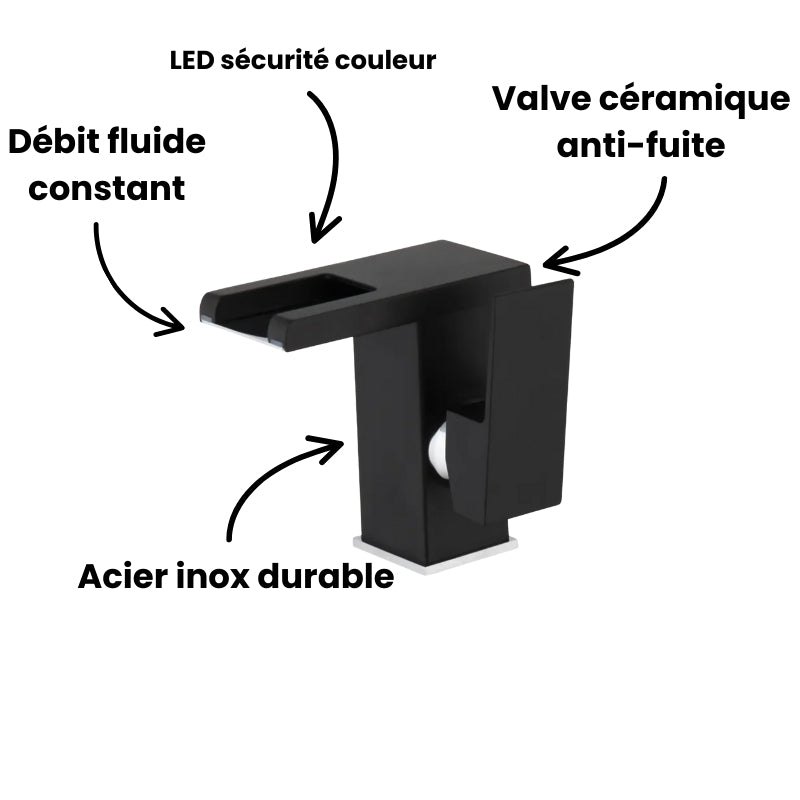Robinet lavabo salle de bain design cascade led température - Noir