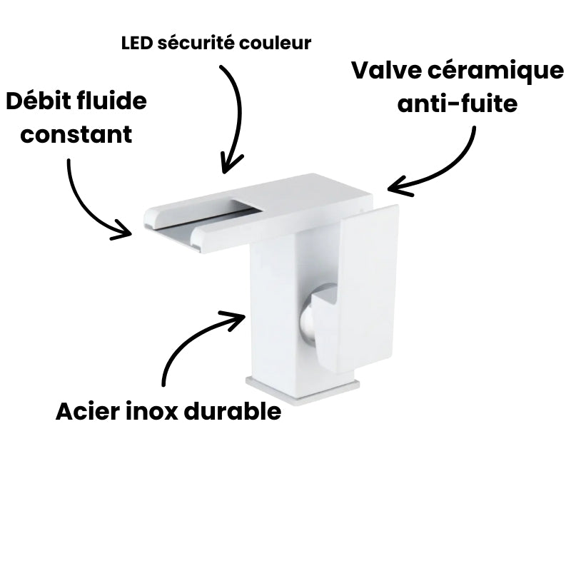Robinet lavabo salle de bain design cascade led température - Blanc