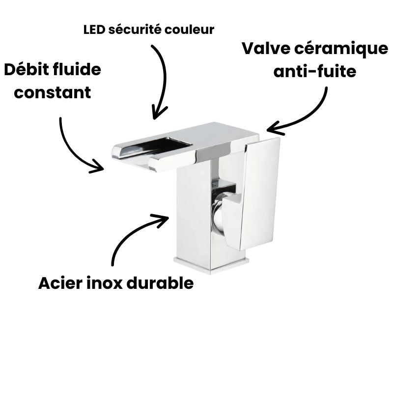 Robinet lavabo salle de bain design cascade led température - Argenté