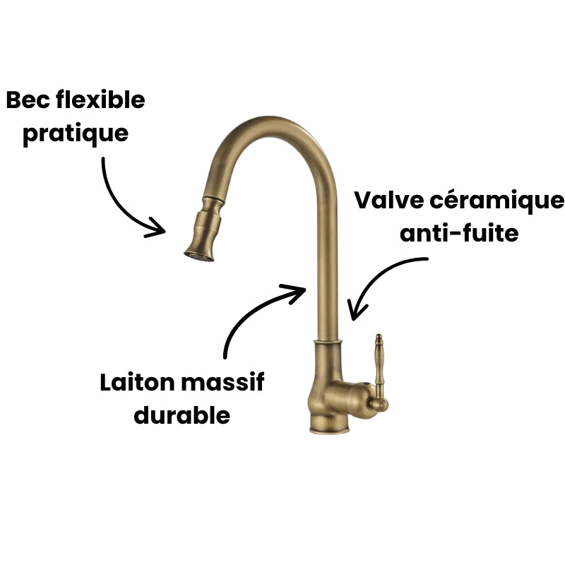 Robinet évier cuisine rétro flexible rétractable Vintage - Doré - Laiton