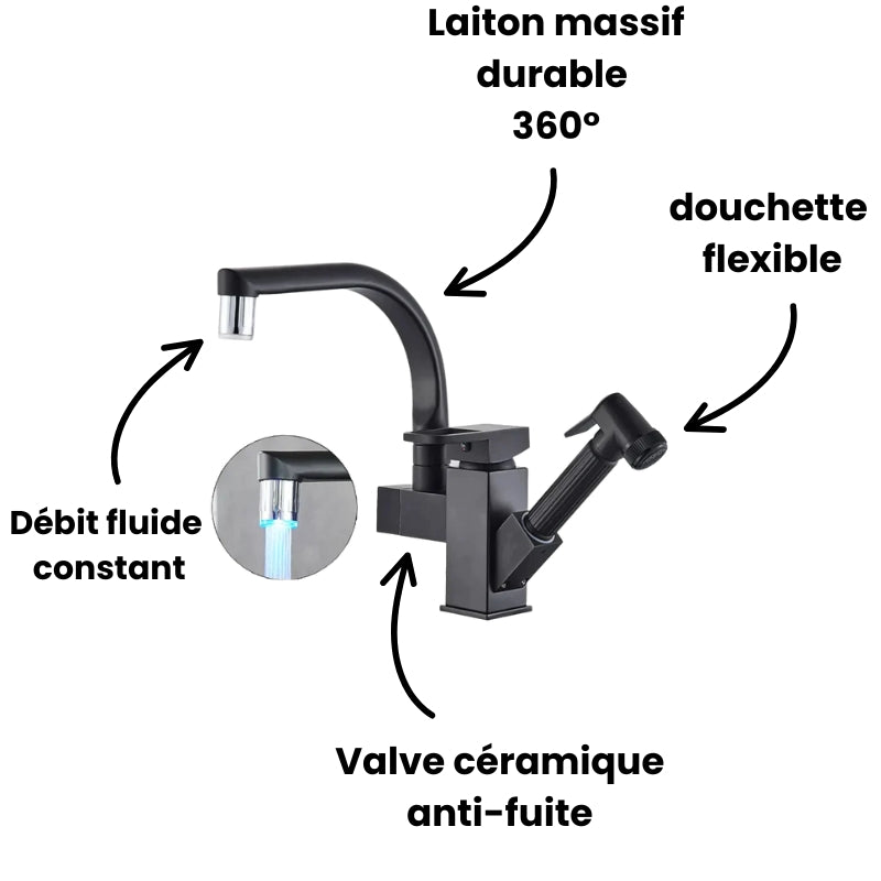 Robinet évier cuisine design mitigeur led flexible douchette pistolet - Noir - Laiton