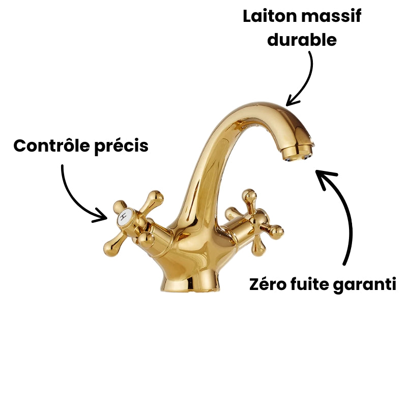 Robinet lavabo salle de bain rétro double poignées - Doré - Laiton