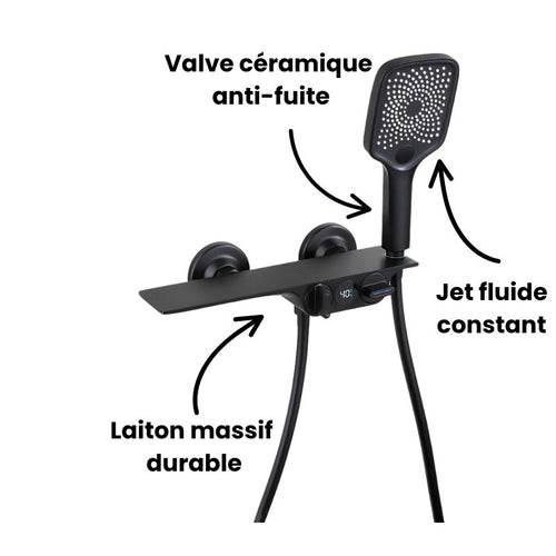 Robinet baignoire salle de bain cascade douchette affichage numérique - Noir - Laiton