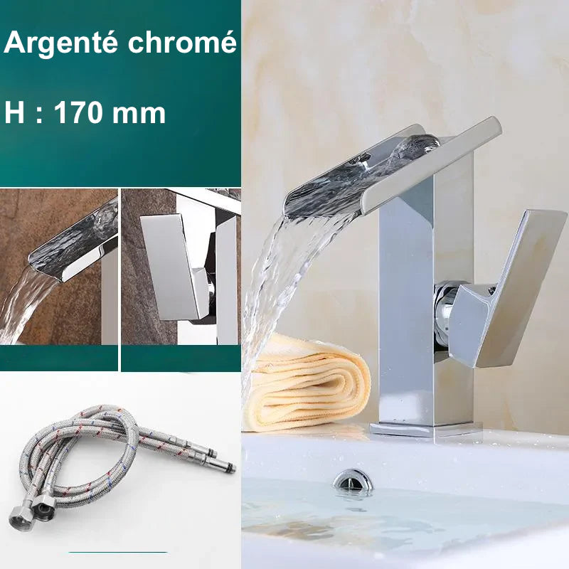 Robinet lavabo salle de bain design rectangulaire cascade - Argenté - Laiton