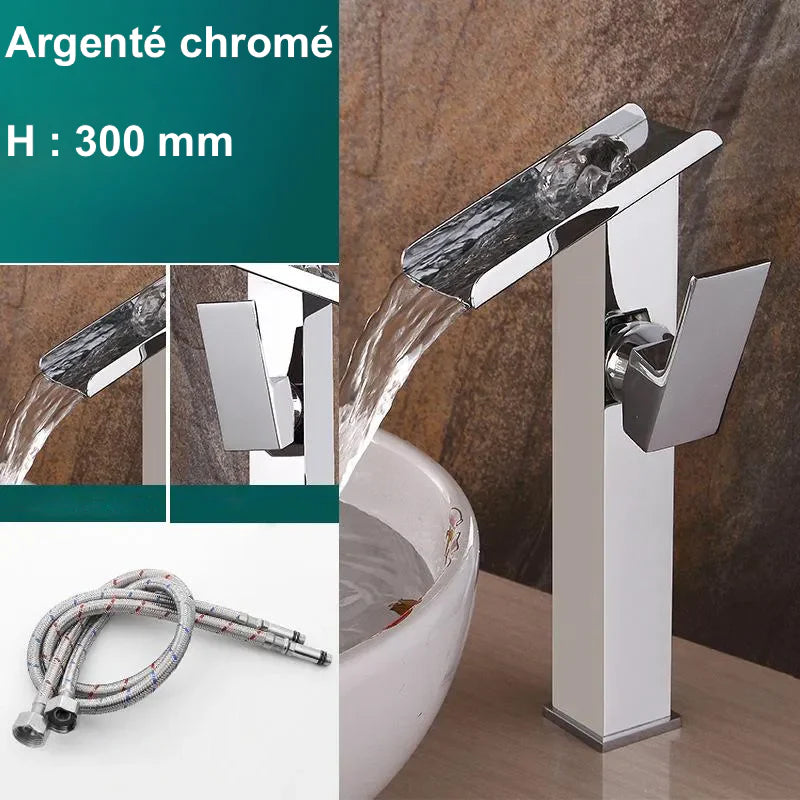 Robinet lavabo salle de bain design rectangulaire cascade - Argenté - Laiton